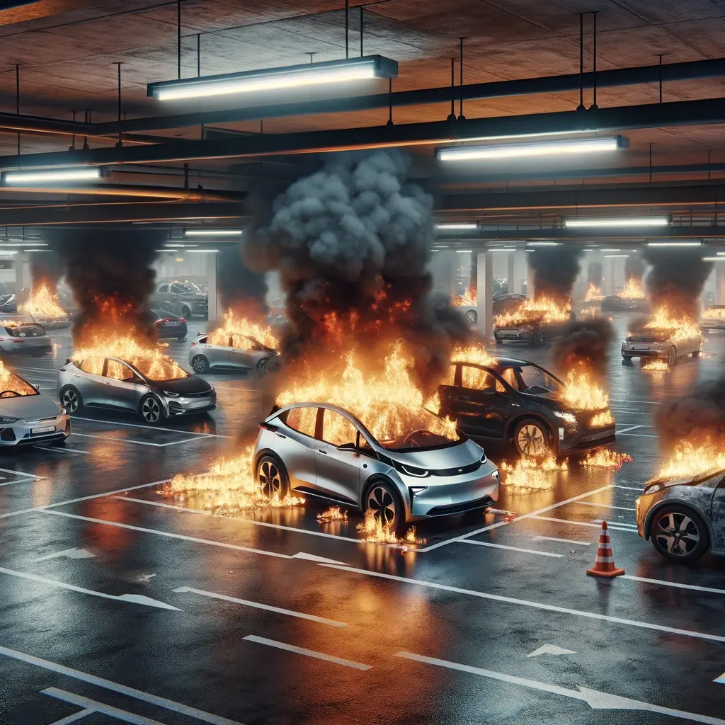 DALL E 2024 03 01 13 58 01 A scene depicting multiple electric cars on fire in a crowded underground parking garage highlighting the severe emergency situation The cars are en