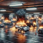 DALL E 2024 03 01 13 58 01 A scene depicting multiple electric cars on fire in a crowded underground parking garage highlighting the severe emergency situation The cars are en