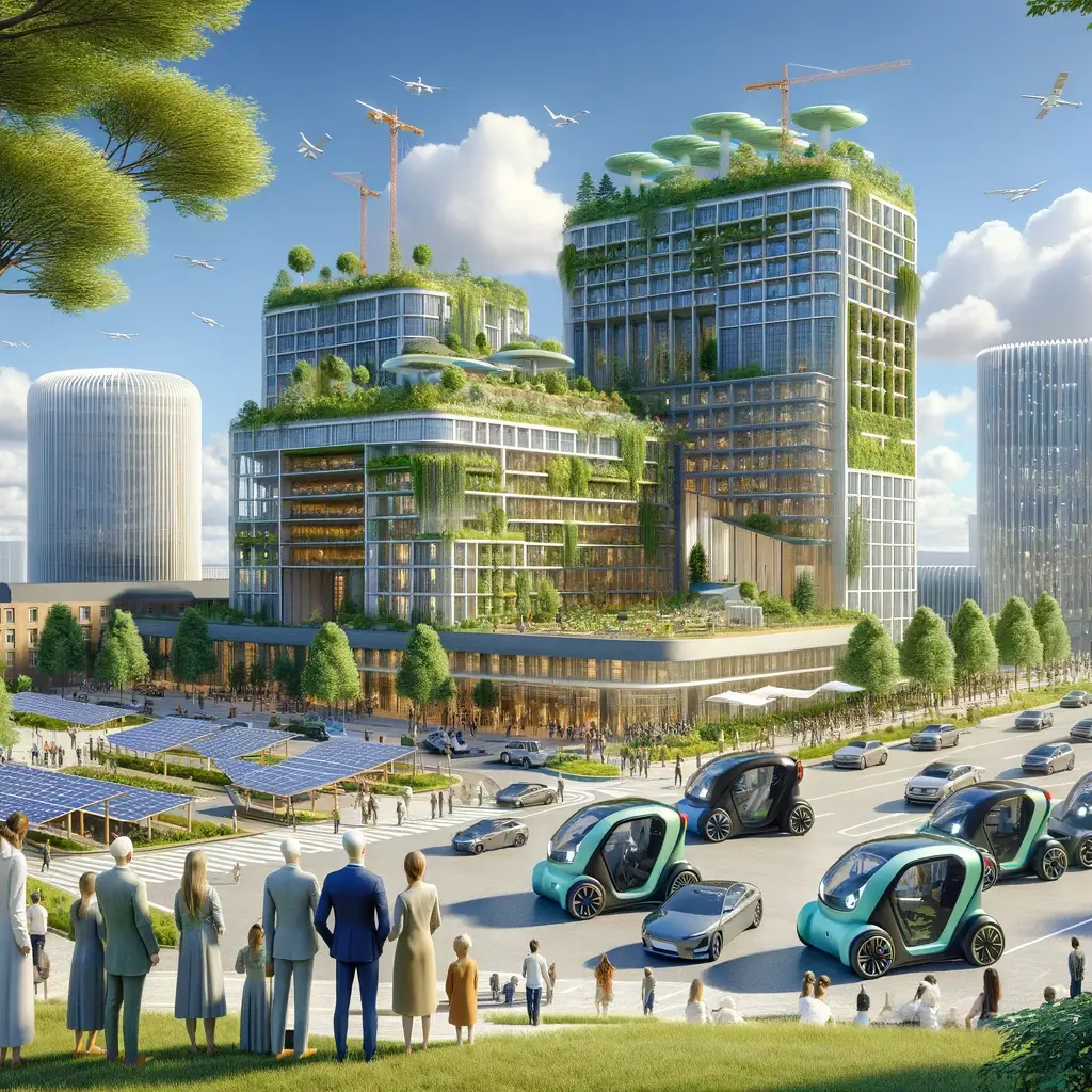 DALL E 2024 03 01 14 14 00 Create a more photorealistic image illustrating the concept Building for Future Generations with an emphasis on sustainability and modern technolog